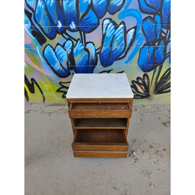 Vintage Mid-Century Oak Nightstand With Marble Top For Sale - Image 4 of 8