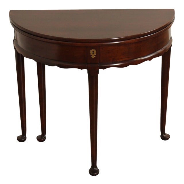 1980s Statton Queen Anne Style Cherry Demilune Console Game Table For Sale