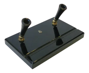 Art Deco Black Glass and Brass Desk Pen Holder with Crest