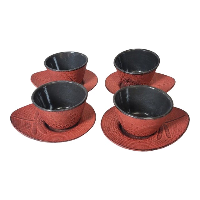 Vintage Japanese Red Cast Iron Dragon & Dragonfly Tea Cups With Enameled Interiors & Saucers – Set of 8 For Sale