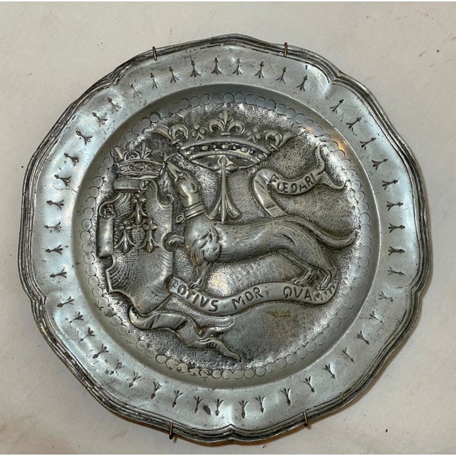 Antique 18th Century Tooled Latin Handmade Armorial Pewter Plaque Relief Plate For Sale - Image 10 of 13