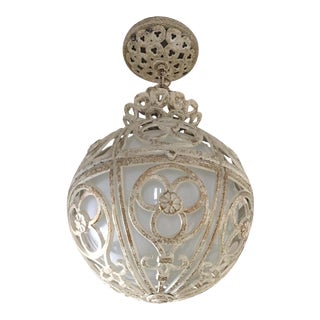 Vintage 1960s Wrought Iron White & Gold Globe Pendant Light For Sale
