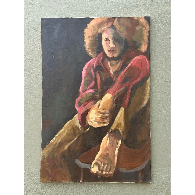 Brick Red Vintage Monumental Original Portrait on Canvas For Sale - Image 8 of 12