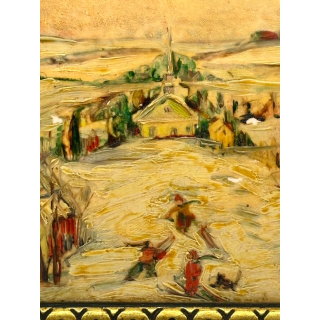 Enamel on Tile Painting, Landscape Winter Scene With Figures, Framed and Signed For Sale - Image 4 of 12