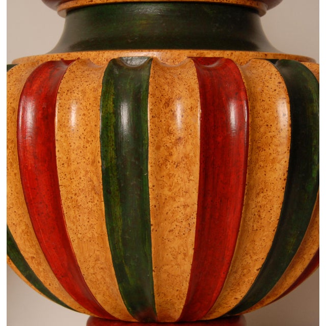 Green Vintage Italian Table Lamps Tall Carved Wood Vase Lamps 1980s a Pair For Sale - Image 8 of 9