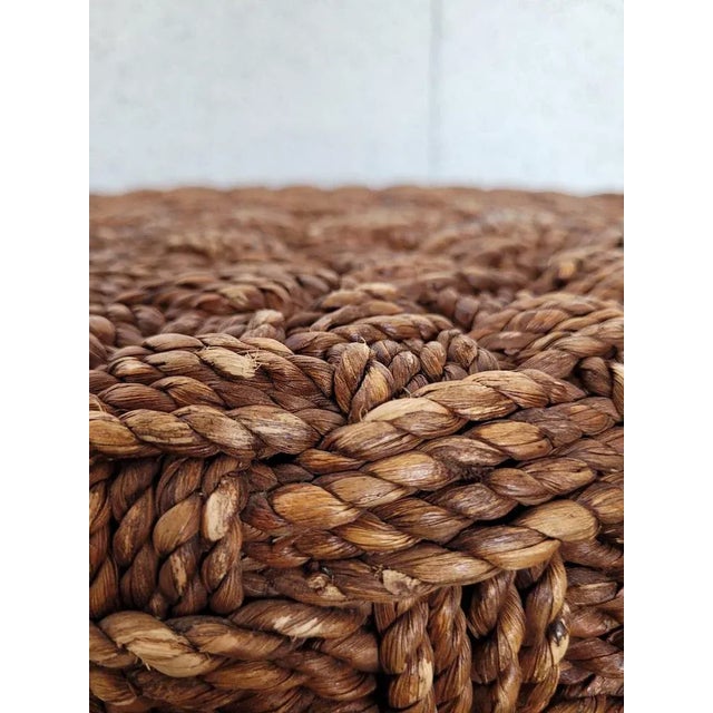 Poufs and 2 Round String Tables and Rattins, Set of 6 For Sale - Image 3 of 4