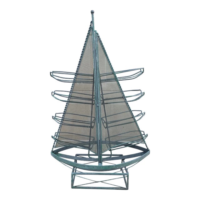 Vintage Nautical Wrought Iron Green Sail Boat Wine Rack For Sale
