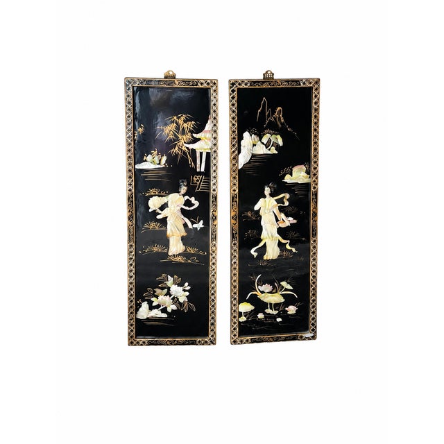 Late 20th Century Chinoiserie Black Lacquer & Mother-of-Pearl Relief Wall Panels — Set of 3 For Sale In Las Vegas - Image 6 of 17