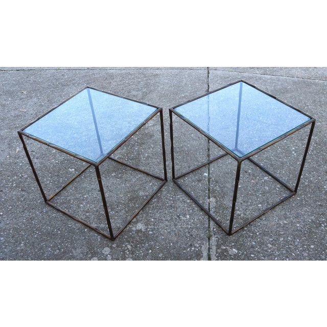 French 1970s Pair of Side/Drink Tables in Glass Cube and Gold Metal Faux Bamboo Styled After Maison Baguès For Sale In Cincinnati - Image 6 of 7