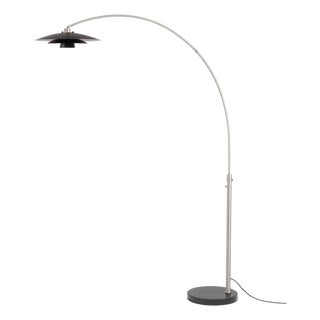Rancho Mirage Float Arc Lamp - Modern Satin Nickel, Black Marble Base, Fleur Matte Black Shade, Mid Century Floor Lamp, Dimmable For Sale