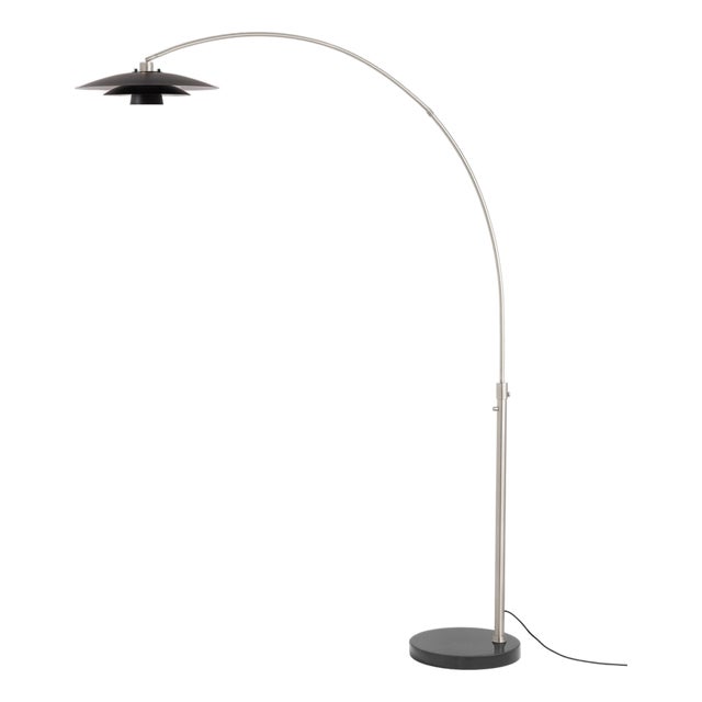 Rancho Mirage Float Arc Lamp - Modern Satin Nickel, Black Marble Base, Fleur Matte Black Shade, Mid Century Floor Lamp, Dimmable For Sale