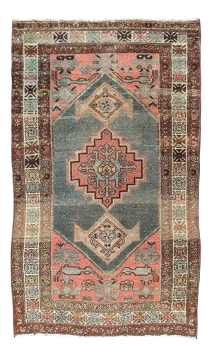 Antique Persian Hamadan Rug With Geometric Medallion in Pink and Blue-Gray