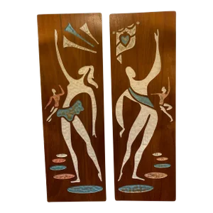 Mid Century Walnut Plaques With Dancing Figures- a Pair