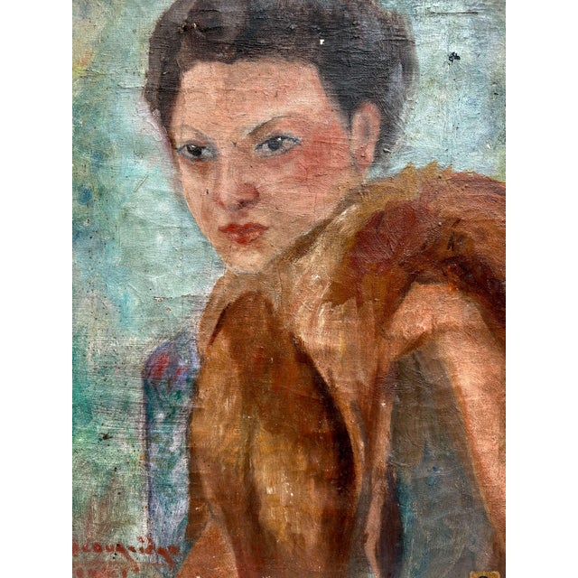 French School, Portrait of a Woman with a Fur Coat, 1931, Oil on Canvas For Sale - Image 15 of 15