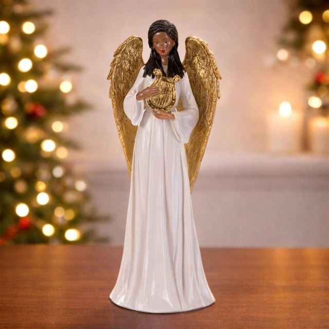 Kenneth Ludwig Chicago Angel Figurine with Harp andGold Wings For Sale - Image 4 of 4