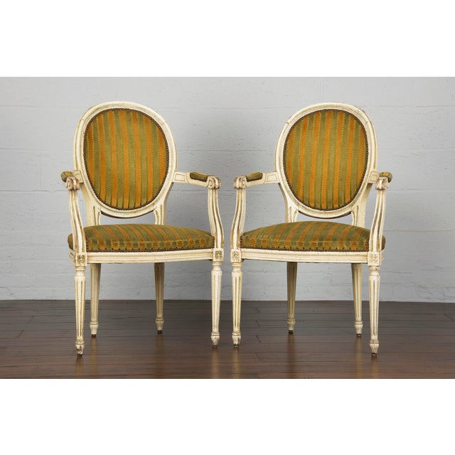 Antique French Louis XVI Style Provincial Painted Loveseat W/ Two Armchairs - Set of 3 For Sale - Image 9 of 13