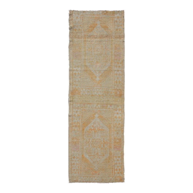 Vintage Turkish Oushak Runner With Medallion's in Light Blue, Cream, Light Orange For Sale