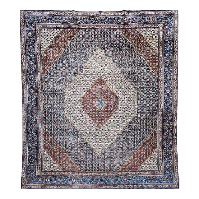 Antique Persian Tabriz Mahi Rug, Hand-Knotted Wool, Herati Geometric Pattern, Ivory & Navy, 10x13 For Sale