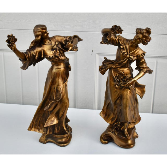 Vintage Metal Pair of Art Nouveau Woman Figures in a Bronze Finish For Sale - Image 9 of 13