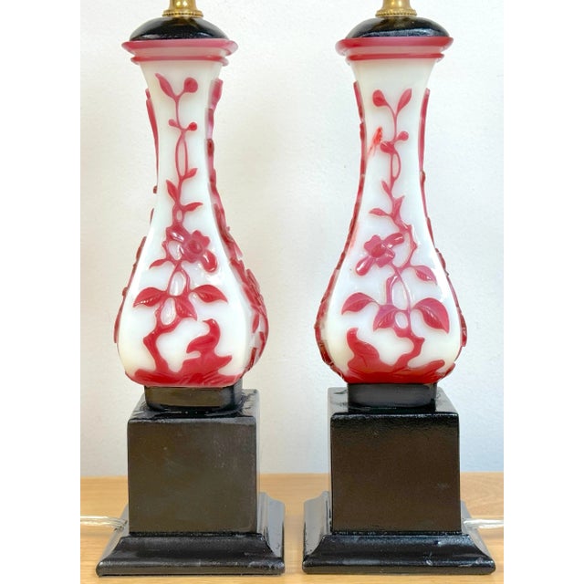 Chinese Red & White Peking Glass Vases, Now as Lamps - a Pair For Sale - Image 9 of 12