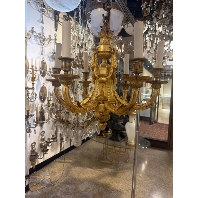 Circa 1900 neoclassic style gilt bronze chandelier by Caldwell beautiful details. 6 lights