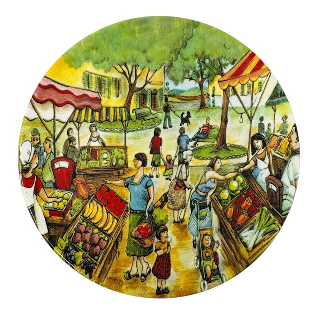 Ceramic 1980s Vintage Brunelli Designs Made in Italy Folk Art Market Scene Ceramic Salad Plates - Set of 6 For Sale - Image 7 of 18