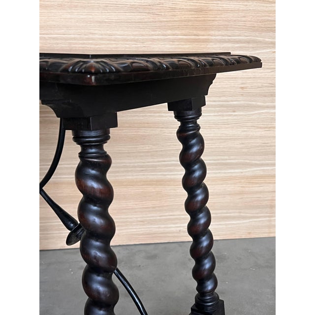 Wood 19th Spanish Side Table with Cared Turned Legs and Iron Stretcher For Sale - Image 7 of 18