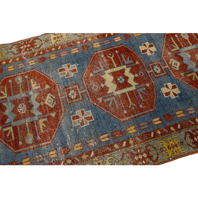 1920s Antique Malayer Runner Rug With Geometric Medallions in Muted Blue & Rust For Sale - Image 5 of 9