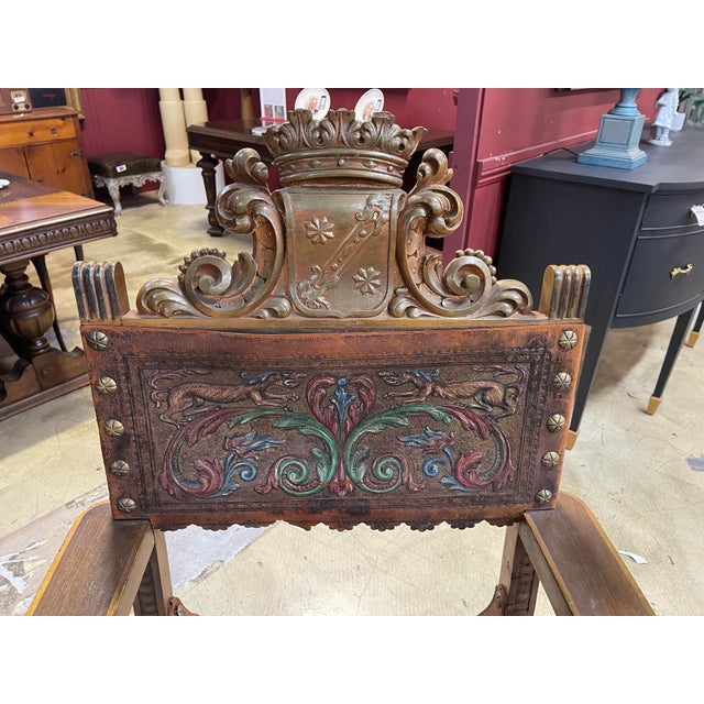 Spanish Revival Early 20th Century Spanish Revival Leather Throne Chair For Sale - Image 3 of 6