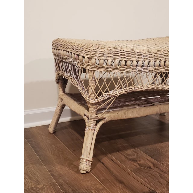 1950s Vintage 2 Tier Wicker Table With Intricate Wood Details in Original Antique Creamy White Paint & a Diamond Design on the Top For Sale - Image 10 of 12