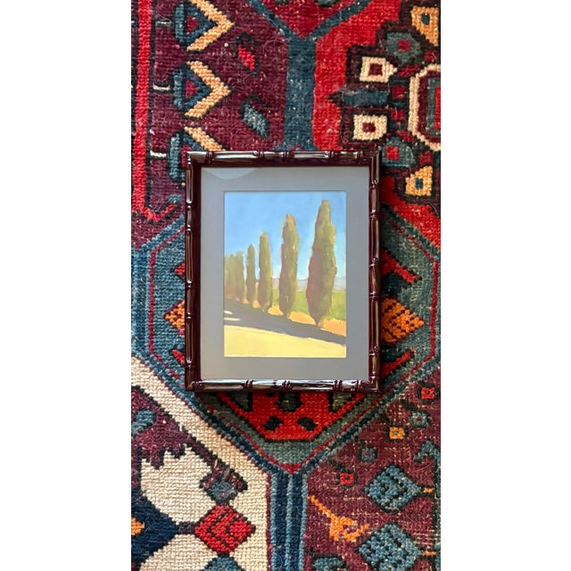 Italian 1970s European Cypress Tree Oil Painting in Custom Lacquer Bamboo-Style Italian Frame For Sale - Image 3 of 5