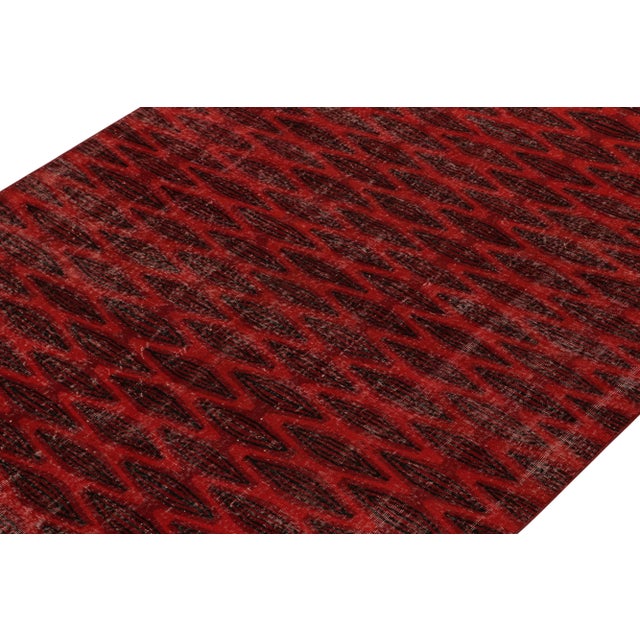 1960s Vintage Distressed Deco Rug in Red & Black Geometric Pattern For Sale - Image 4 of 7