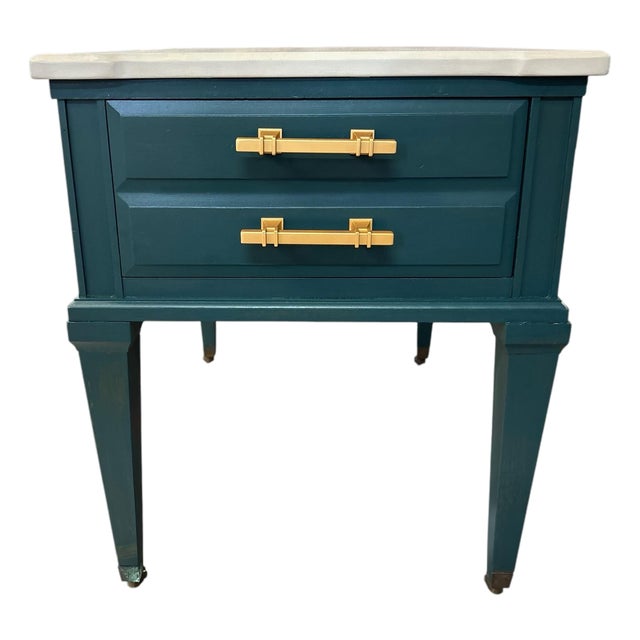 Vintage Teal Painted Side Table With Faux Marble Top & Brass Hardware For Sale