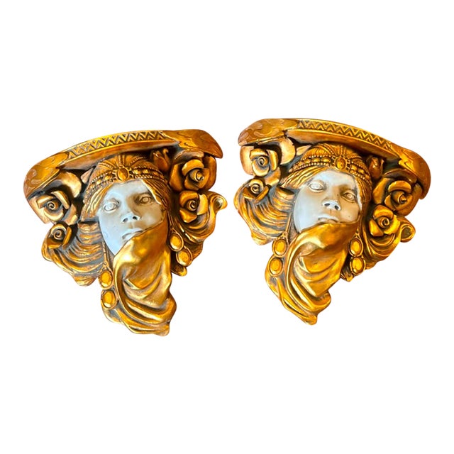 Art Nouveau Bronze Lady Wall Plaque SeT of 2 – Hand-Finished Decorative Wall Sculpture With Antique Gold Patina For Sale