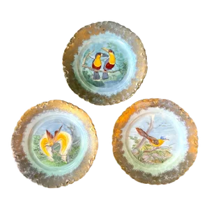 Late 19th Century Austrian Porcelain Gold Gilded Plates Featuring Exotic Birds, Parrots, Toucans by M. Z. Austria Hapsburg - Set of Three