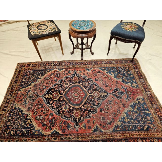 Vintage Persian Farahan Sarouk Rug, Handwoven Floral Pattern, Rust Red & Blue, 5’ X 7’ For Sale - Image 9 of 10