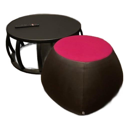 B&b Italia Patricia Urquiola's Espresso Leather With Deep Wine/Plum Boucle Wool Seat Fat-Sofa Ottoman Pouf For Sale