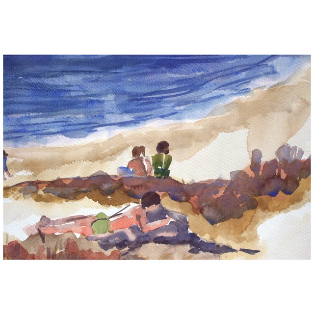 Fun watercolor of figures enjoying a sunny day on the California coast by listed artist Doris Ann Warner (American,...