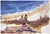 Fun watercolor of figures enjoying a sunny day on the California coast by listed artist Doris Ann Warner (American,...