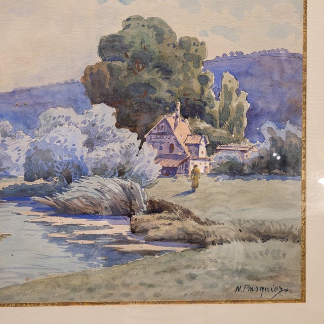 French Artist, Landscape in Blue, 1980s, Watercolor For Sale - Image 6 of 16
