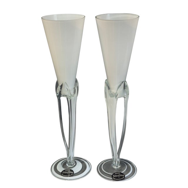 White Pair Vintage Krosno Józefina Hand-Blown White Art Glass Champagne Flutes Poland For Sale - Image 8 of 8