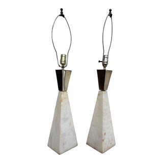 Pair of 1950s Mid-Century Modern Trapezoidal Shape Marble and Brass Table Lamps For Sale