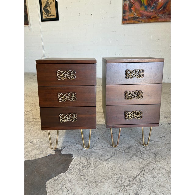 1960s Newly Refinished Walnut and Brass Nightstands For Sale - Image 5 of 7