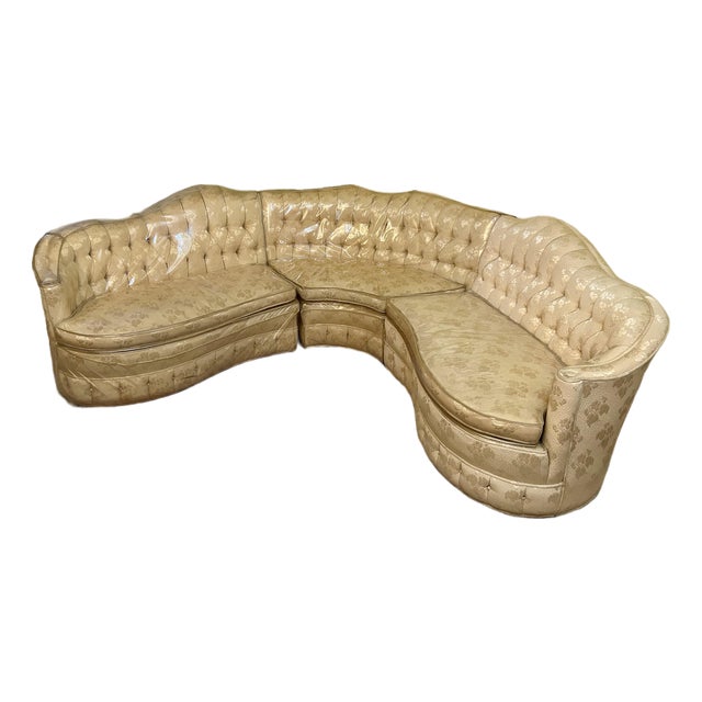 VTG 1960’s, (3) Piece, Curvy, Custom-Designed Sectional, by Soref’s, With a Tufted Creamy-Golden Upholstery, Sculpted Back, Original Vinyl Protectors For Sale