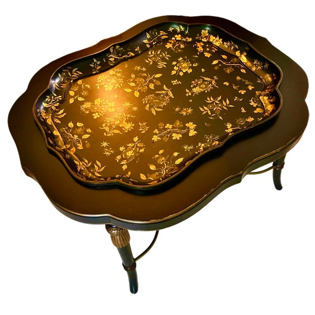 Wood English Regency Style Black Lacquer Tray Coffee Table For Sale - Image 7 of 11