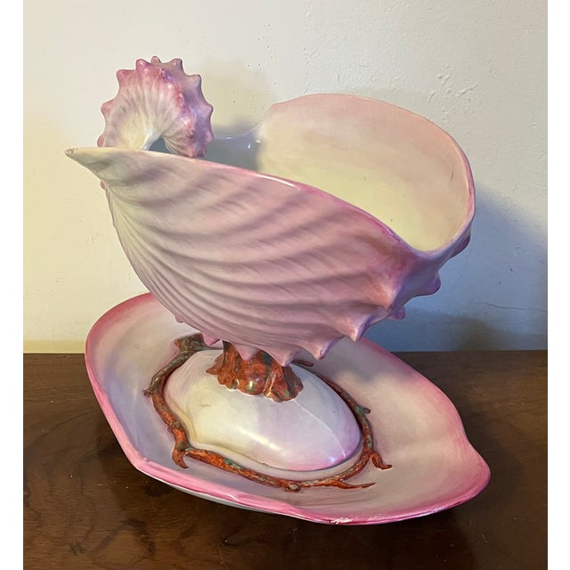 Antique 19th Century Wedgwood Pearlware Centerpiece - Pink Nautilus Sea Shell Compote Tureen With Clam Shell Under Tray For Sale - Image 12 of 18