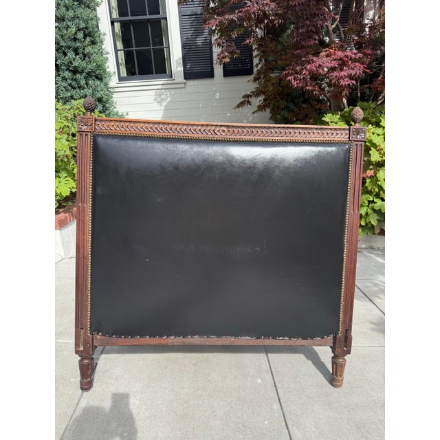 Neoclassical Antique Neoclassical Carved Wood & Black Leather Full-Size Headboard, Fluted Posts & Pinecone Finials For Sale - Image 3 of 12
