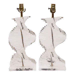 1970s Hollywood Regency Stacked Lucite Table Lamps - a Pair