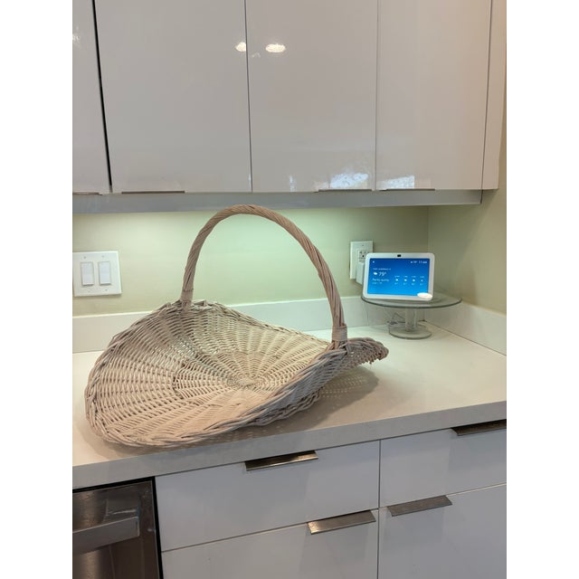 Farmhouse Large Vintage Whitewashed Wicker Gathering Basket With Tall Handle For Sale - Image 3 of 11