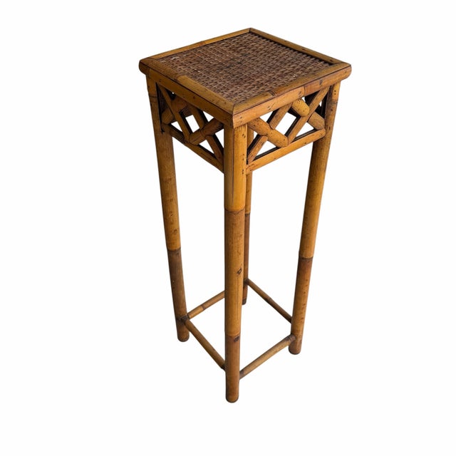 Vintage Bamboo With Woven Rattan Top Plant Stand, Side, Drink Table For Sale - Image 4 of 10